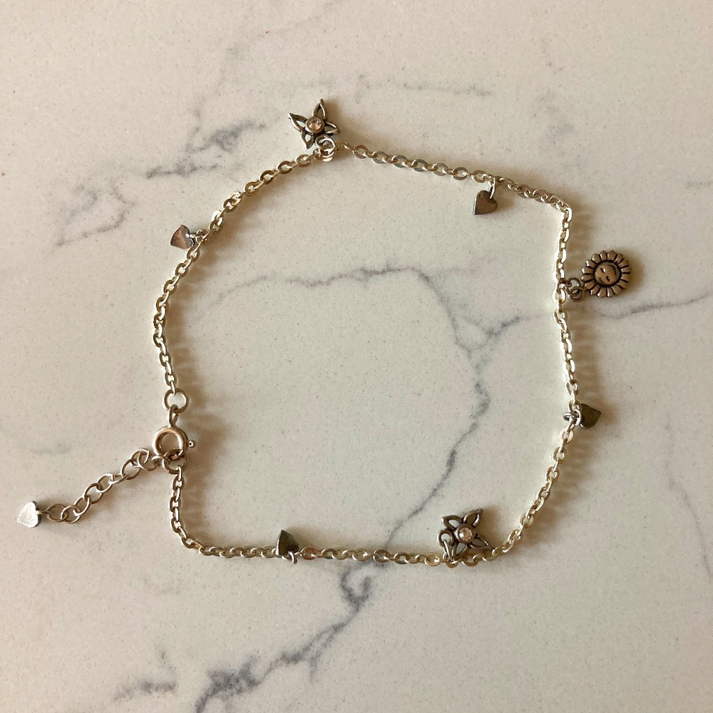Sterling Silver Anklet with Butterflies, Flower and Hearts, 925 Stamped, 9.5 in